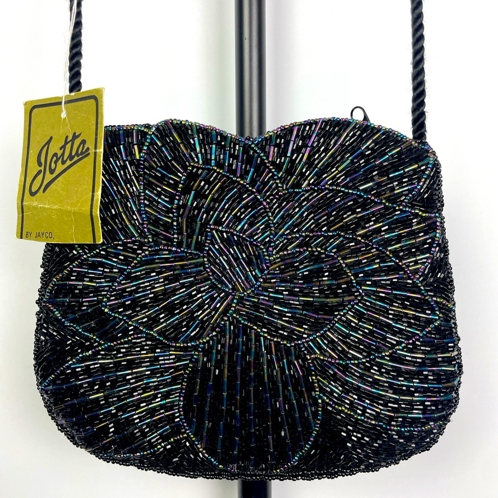 Vintage Jotta Black Iridescent Beaded‎ Floral Crossbody Purse